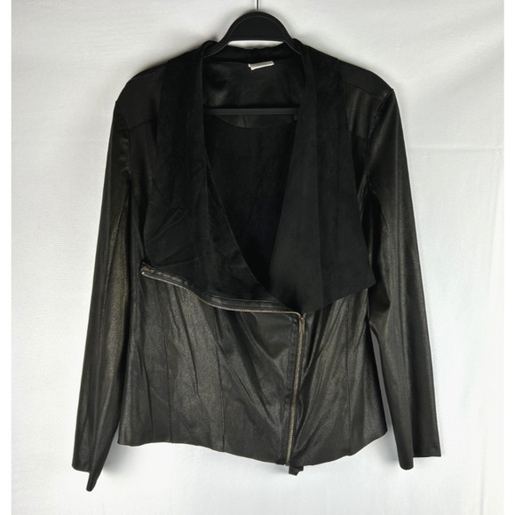 Anthro Mote Faux Leather Jacket Size Large Black Gold Asymmetric Zip Lightweight - Picture 1 of 6